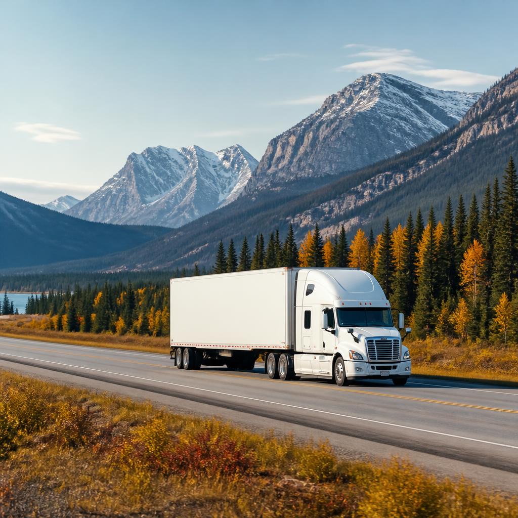 A moving truck on a Canadian highway through an autumn landscape