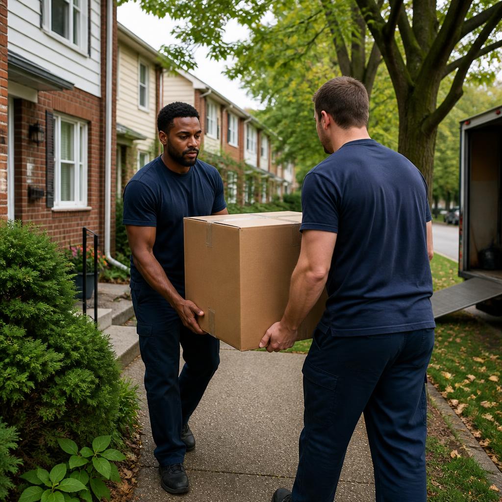 Movers carrying a sealed carton along the walkway of a suburban Ottawa townhouse