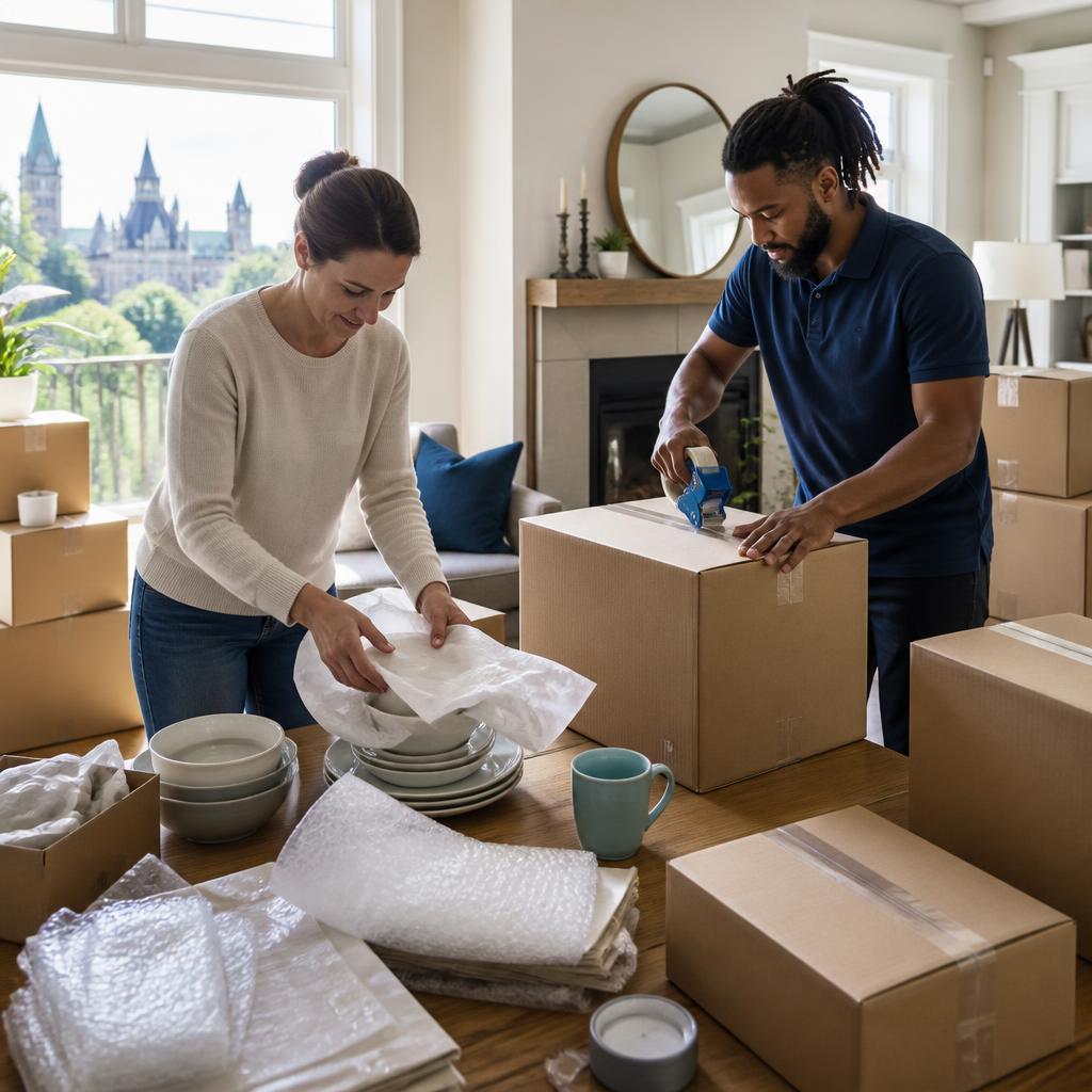 A homeowner and mover carefully packing labelled cartons in an Ottawa home