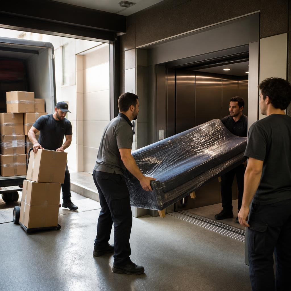 Movers coordinating a wrapped household item near a condominium service elevator