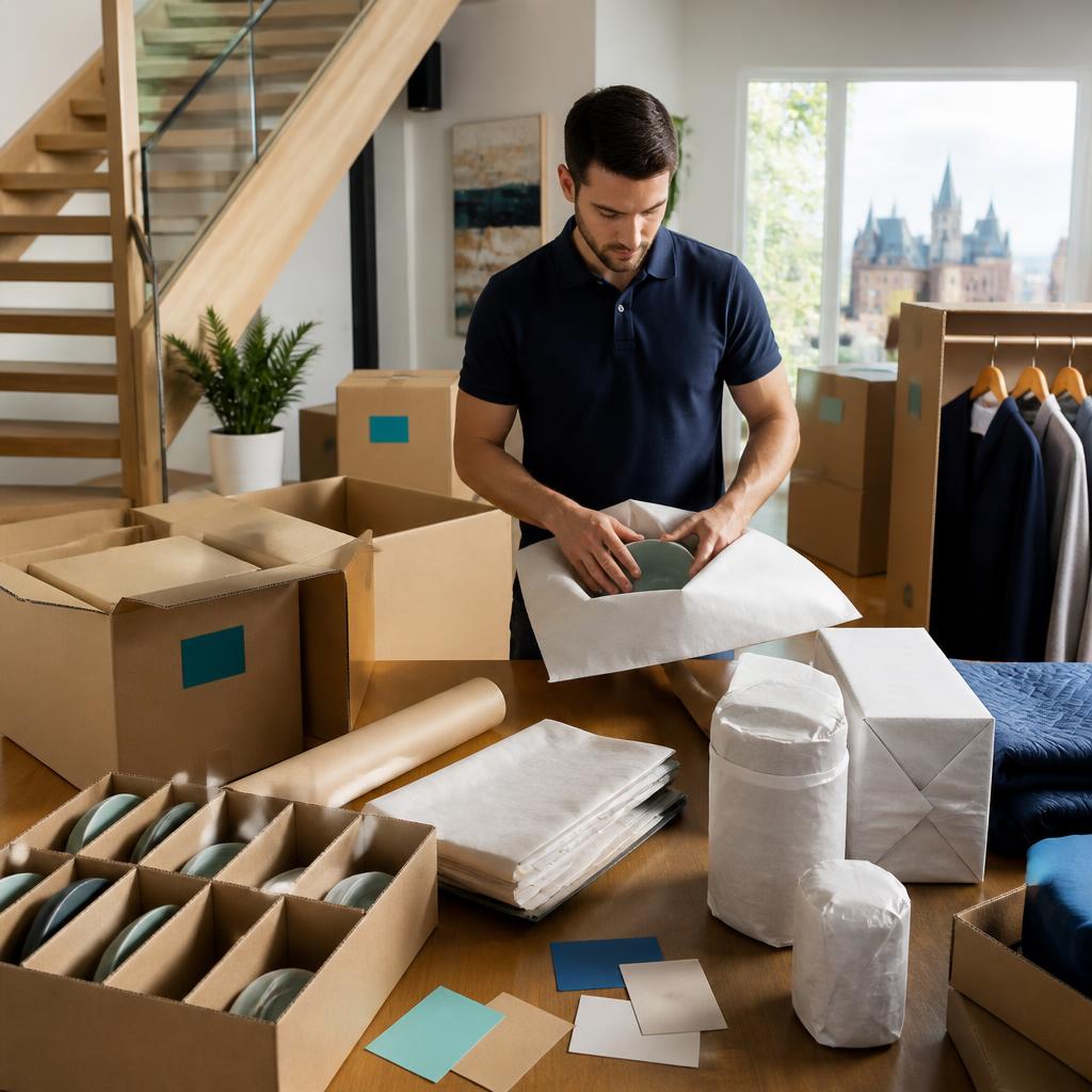 An organized packing station with cartons and protective packing materials