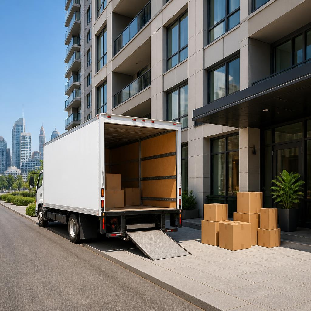 An unbranded moving truck outside a modern Toronto residential building